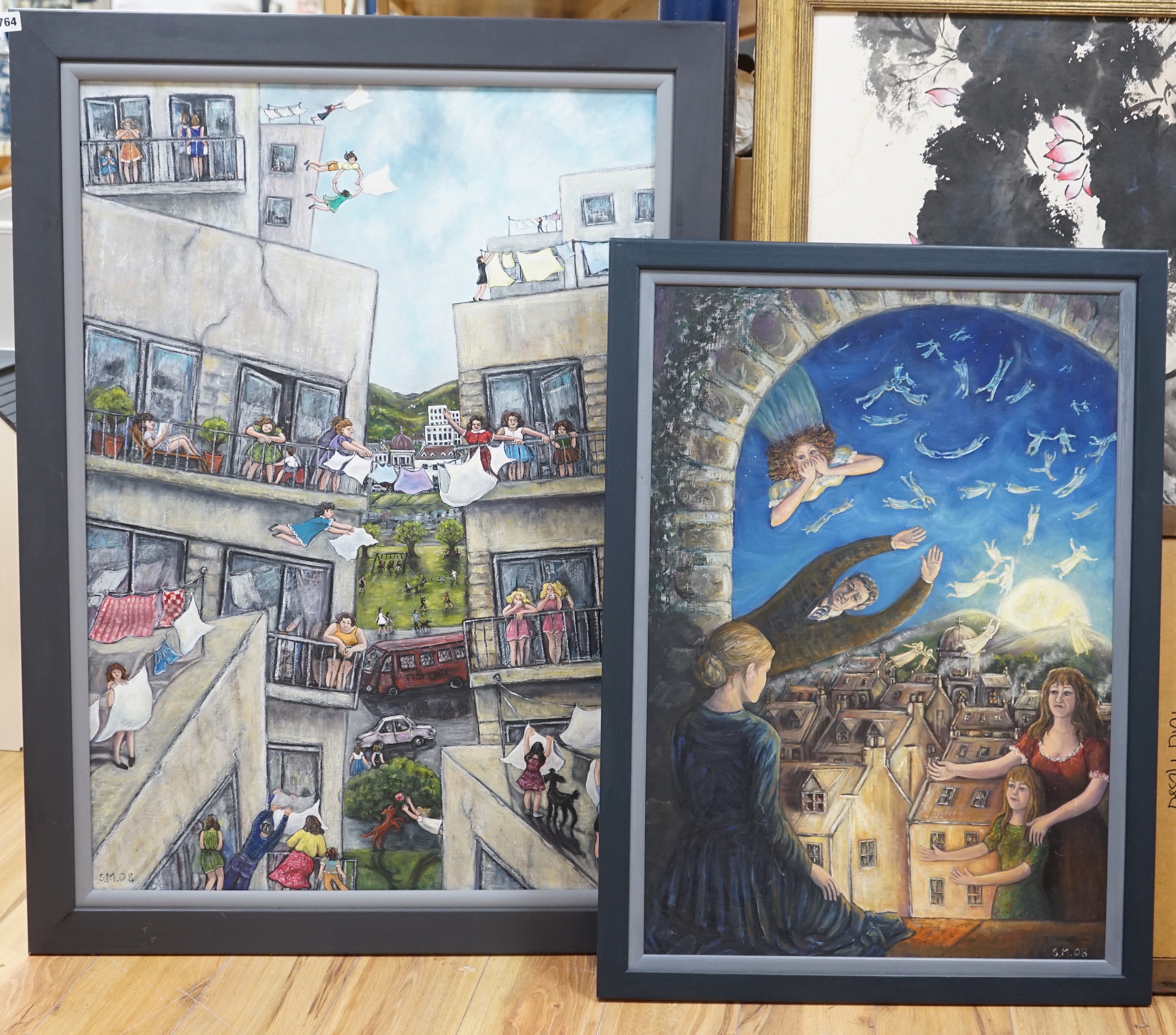 Sue MacPherson (contemporary) two oils on canvas and board, 'Come fly with me' and 'Hanging out', each initialled and dated '08, largest 100 x 69cm